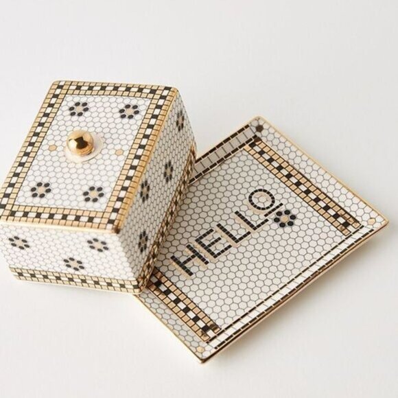 Anthropologie Bistro Tile Butter Dish Hello NEW French Gold Black White - Picture 1 of 3